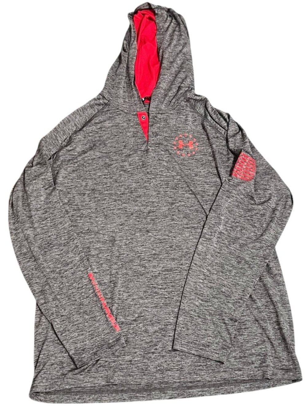 Under Armour Pullover Mens Size 2XL Freedom Tech Hoodie Light Weight Grey Red